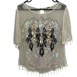 Free People talk that talk Sheer Sequin Blouse in Cream beaded seashell fringe L